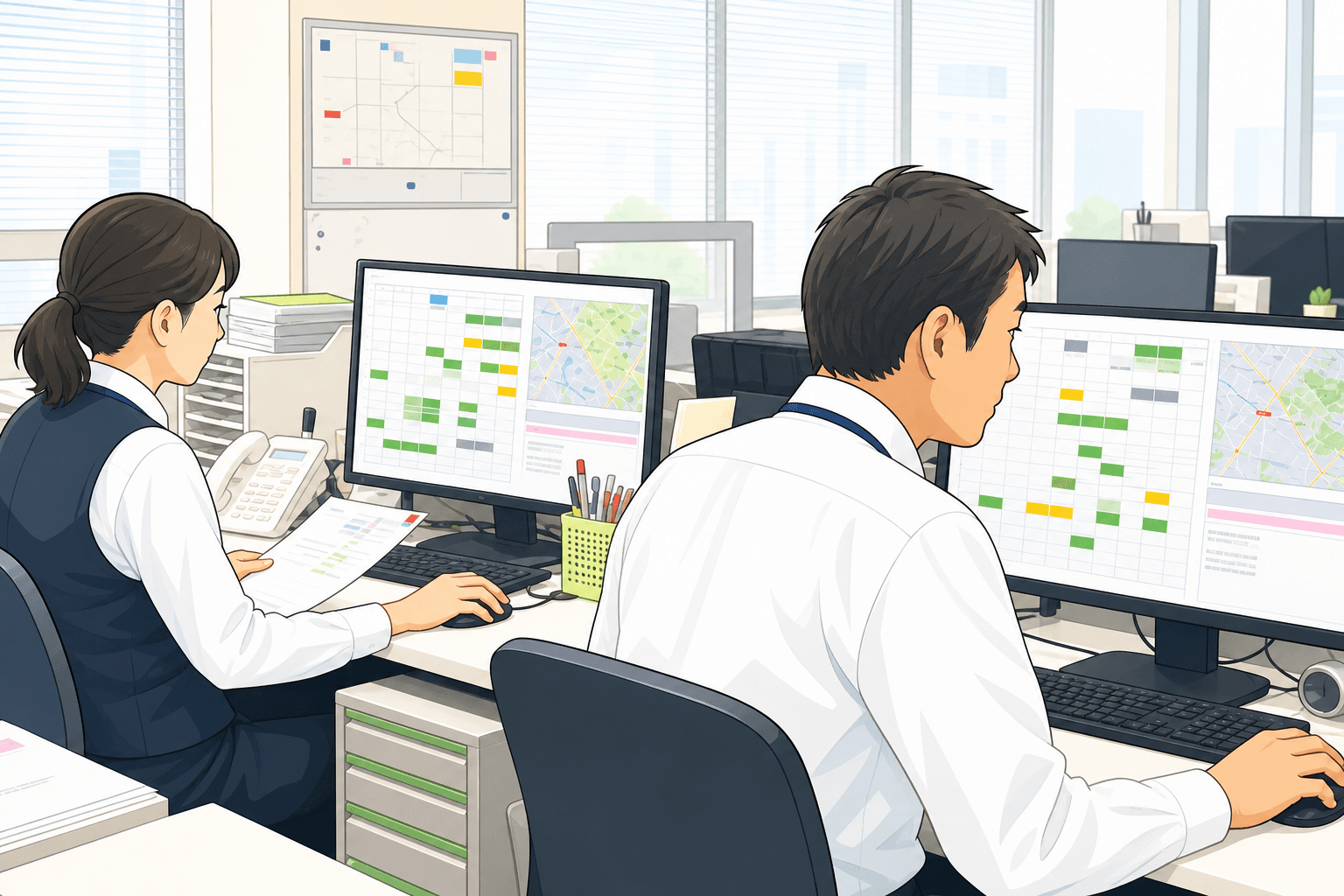管制担当者が顧客から届いた依頼と配置状況を確認しているイラスト