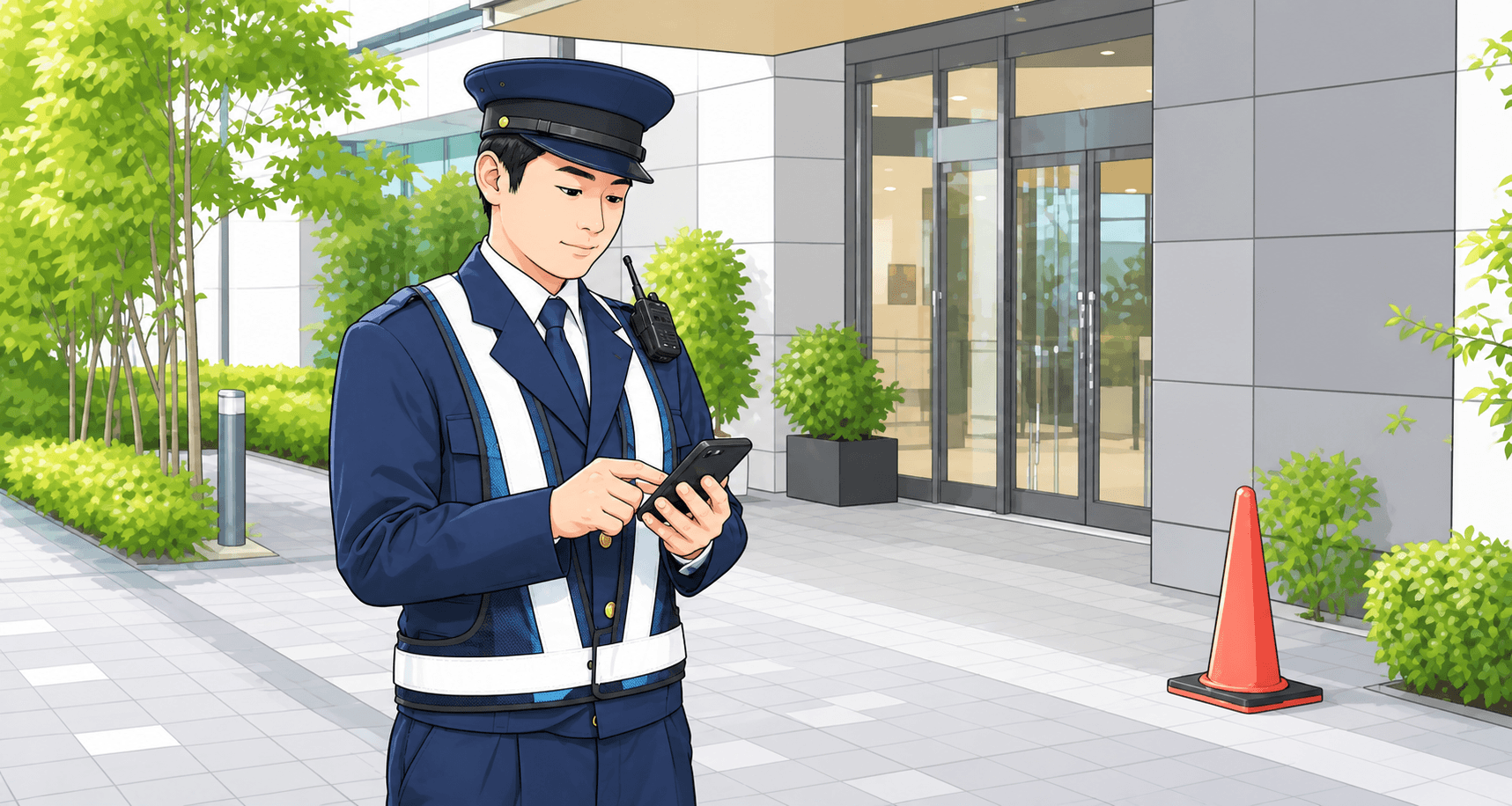 警備員が現場でスマートフォンから勤務情報を確認しているイラスト